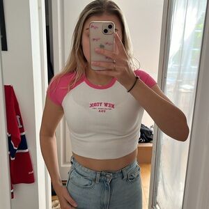 Garage, XS cropped baseball t-shirt, white and pink